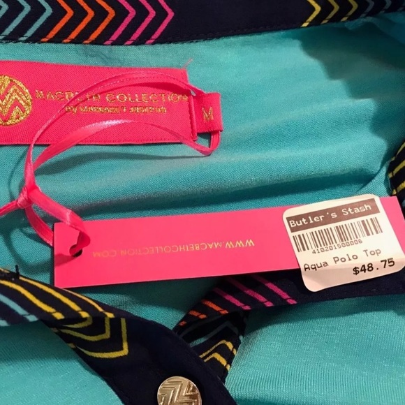 New MACBETH Collection Weekender Polo Shirt Blouse Turquoise Jersey Knit Pink - Picture 5 of 7